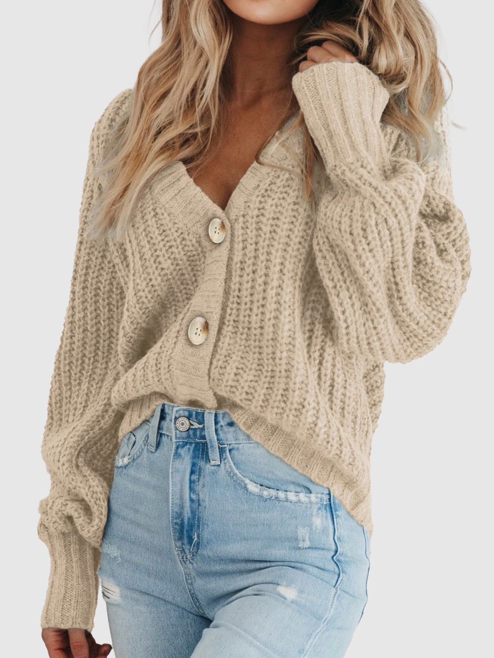Shoe Dazzle Beige Chunky V-Neck Button Cardigan